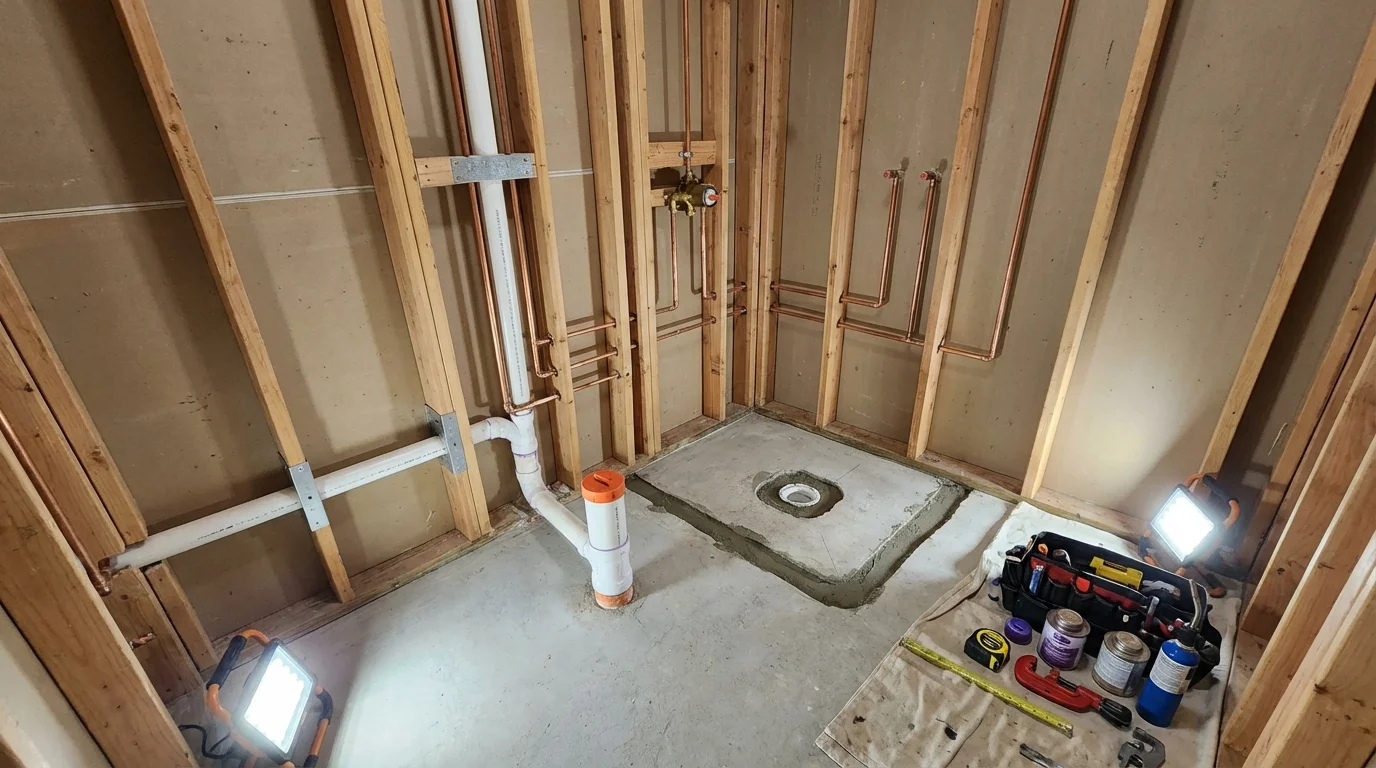 Bathroom rough-in plumbing during remodel by Johns Plumbing LLC in North Bend