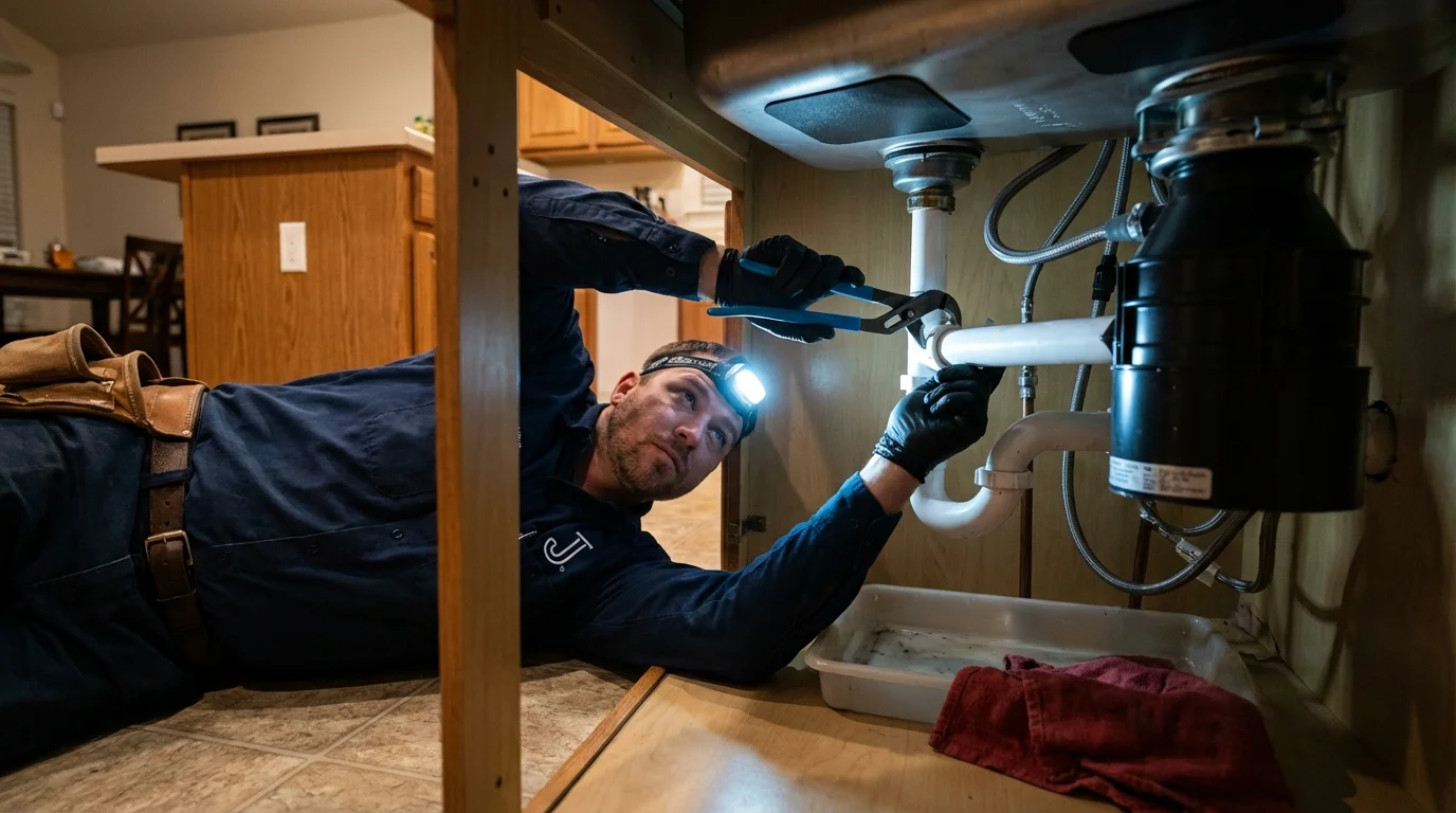 P-trap and supply line connections under a kitchen sink showing a common leak point in North Bend, WA
